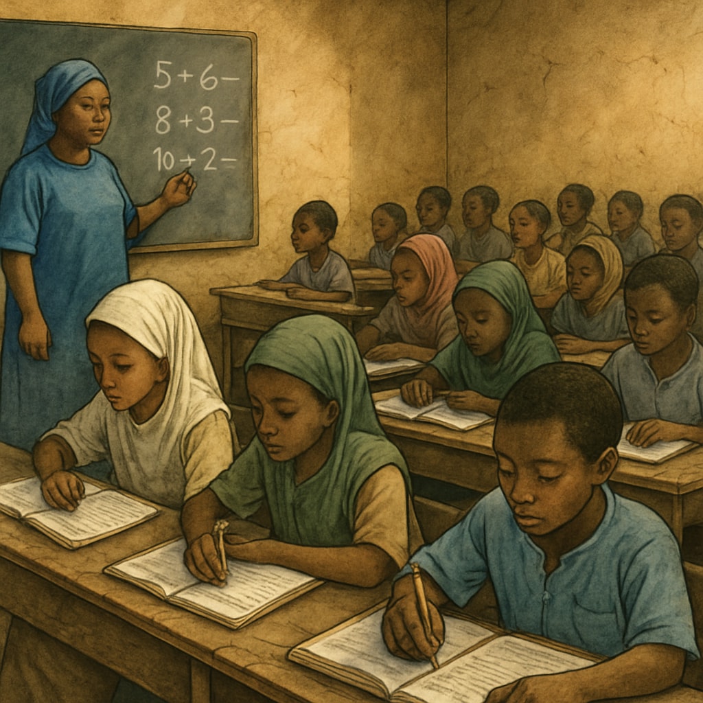 A classroom in Mali, filled with students attentively studying under challenging conditions, depicting the local educational environment. Students in a Malian classroom, highlighting the challenges of local education and career paths.