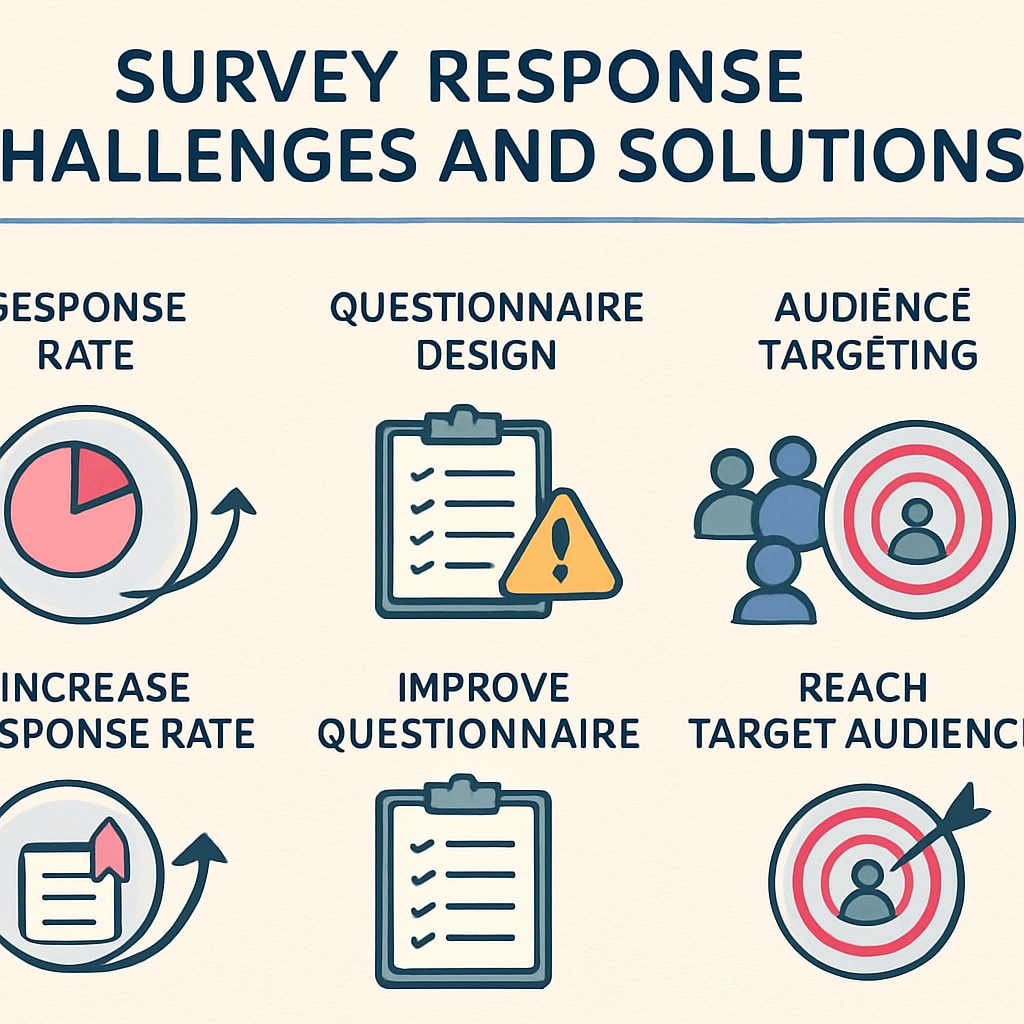 A graphic showing survey response challenges and solutions, with icons representing response rate, questionnaire design, and audience targeting. Challenges and strategies in survey data collection for tourism short videos.