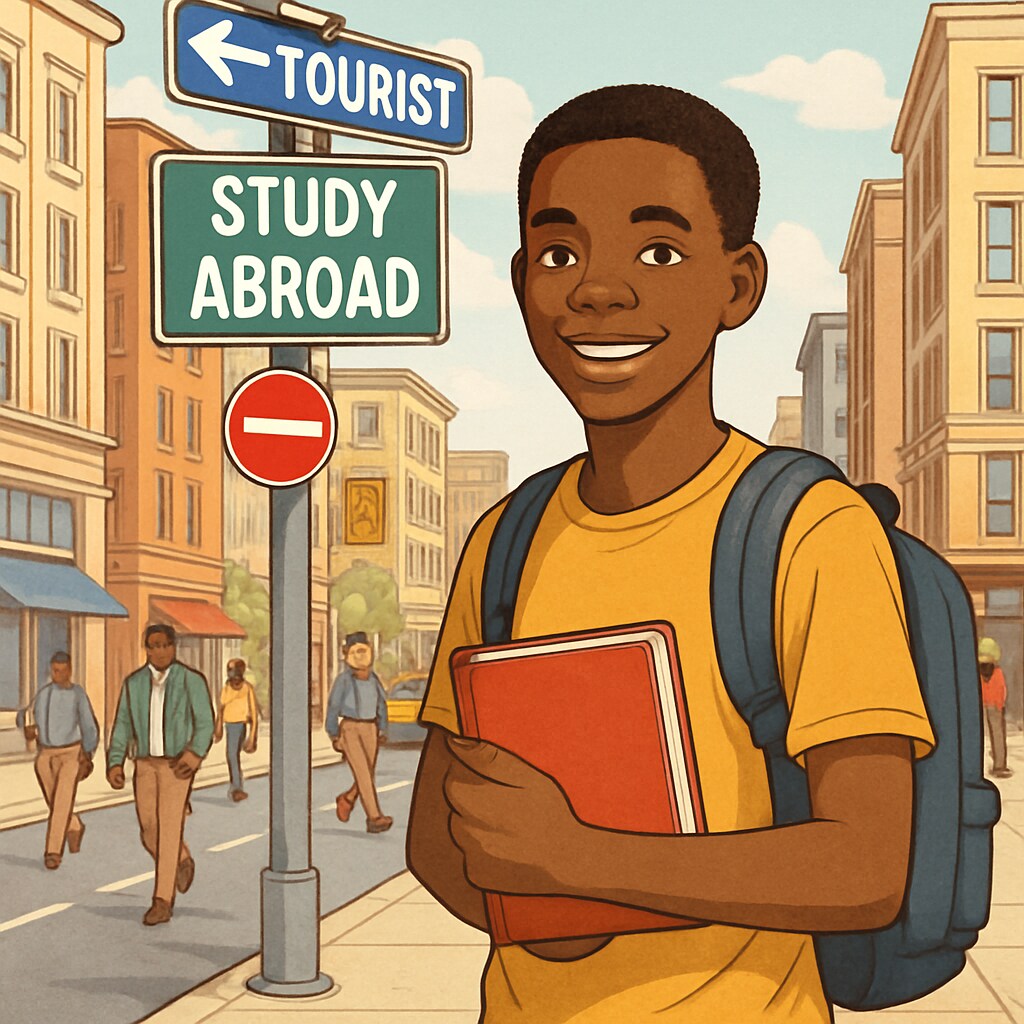 A young African student standing in a bustling foreign city, representing the challenges and opportunities of studying abroad. A Malian student exploring global opportunities in a foreign city.
