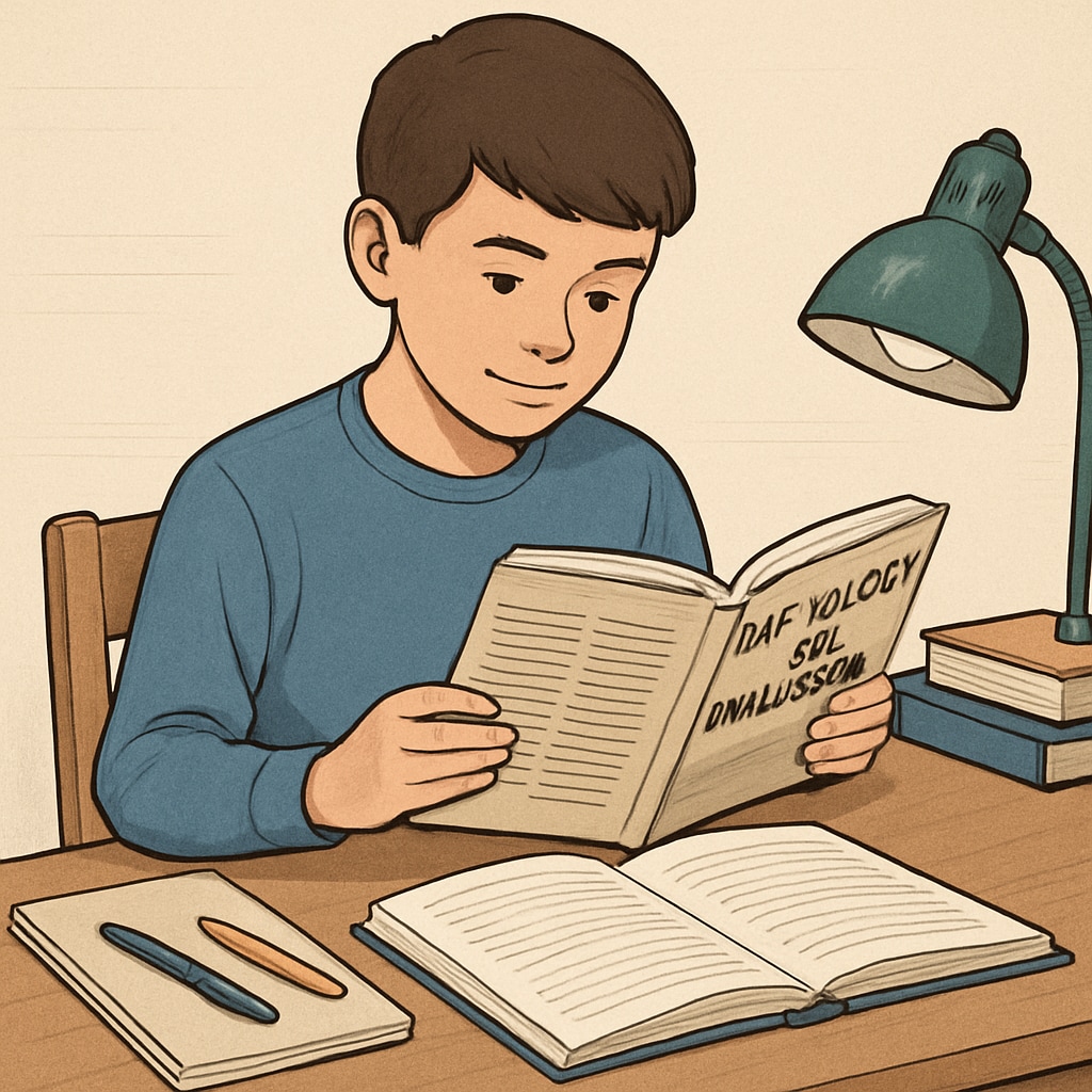 A young student reading a book about psychology and philosophy at a study desk, symbolizing the concept of self-directed learning. Student learning about psychology and philosophy through a book.
