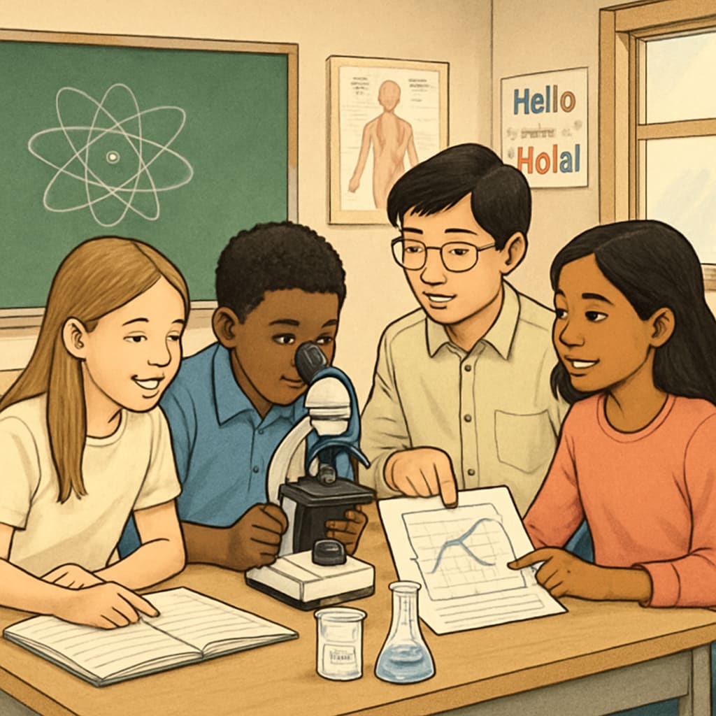 A diverse classroom with students collaborating on a science project, representing the inclusion of English learners. Diverse classroom with students working on a science project, emphasizing inclusion of English learners.