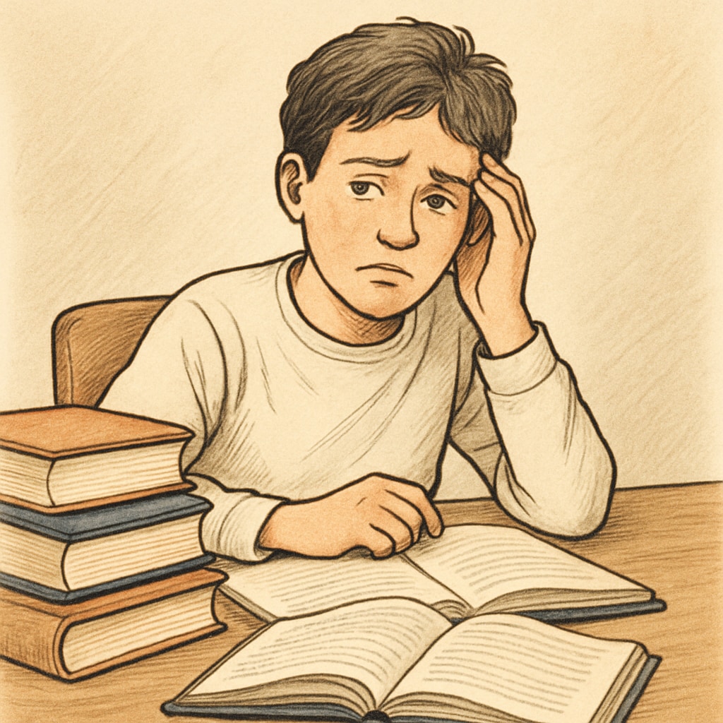 A student sitting at a desk, looking thoughtful or concerned, symbolizing academic stress. A worried student reflecting on GCSE results and academic stress.