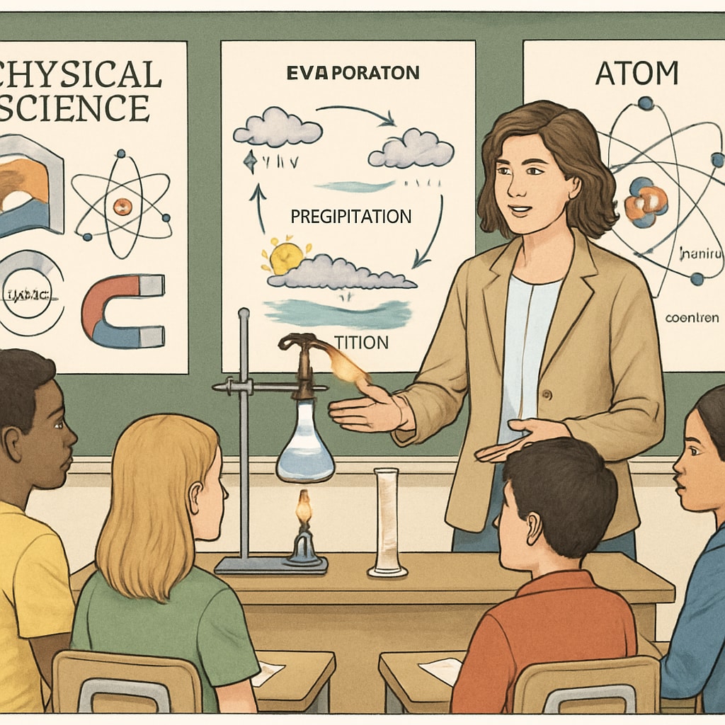 A teacher explaining a science experiment using visual aids to a group of students, emphasizing differentiated instruction. Teacher using visual aids to explain a science experiment to students, highlighting differentiated instruction.