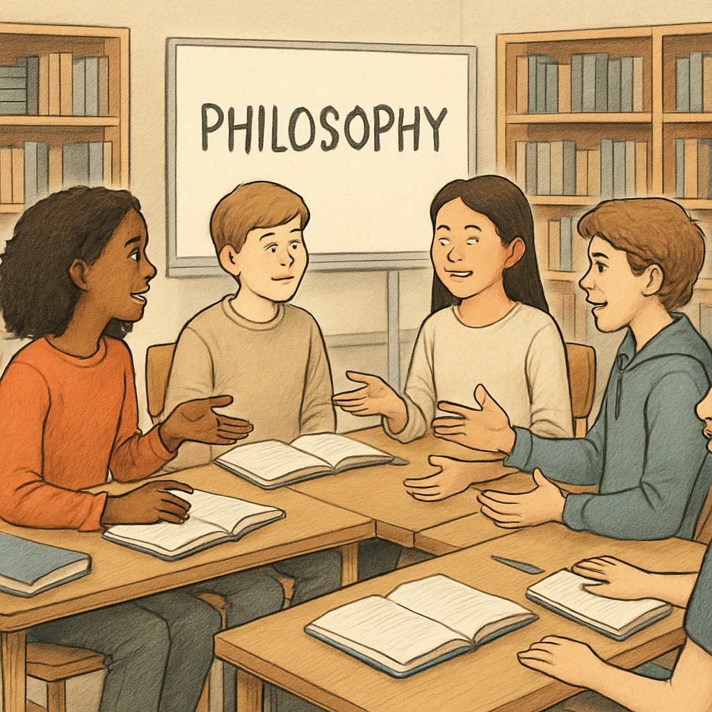 A group of K12 students engaging in a philosophy discussion during an extracurricular activity, fostering critical thinking and dialogue. K12 students discussing philosophy and psychology in a group setting.