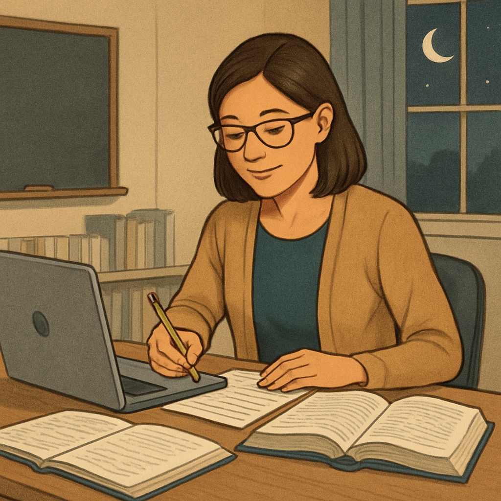 A K-12 teacher studying in the evening with a laptop and textbooks, symbolizing the balance between career and education. Teacher balancing career and master's degree education.