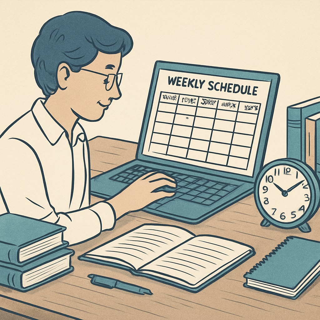 A teacher organizing their weekly schedule on a laptop, emphasizing time management and prioritization. Teacher time management strategies for career and education.
