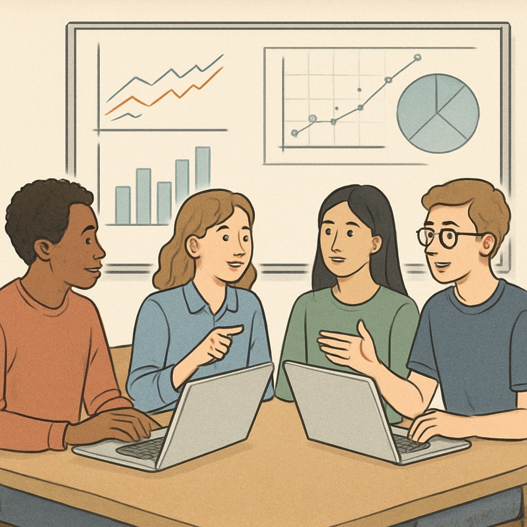 A group of students collaborating on a data science project, with laptops and whiteboards in the background. Students working on a data science project together, discussing algorithms or coding.