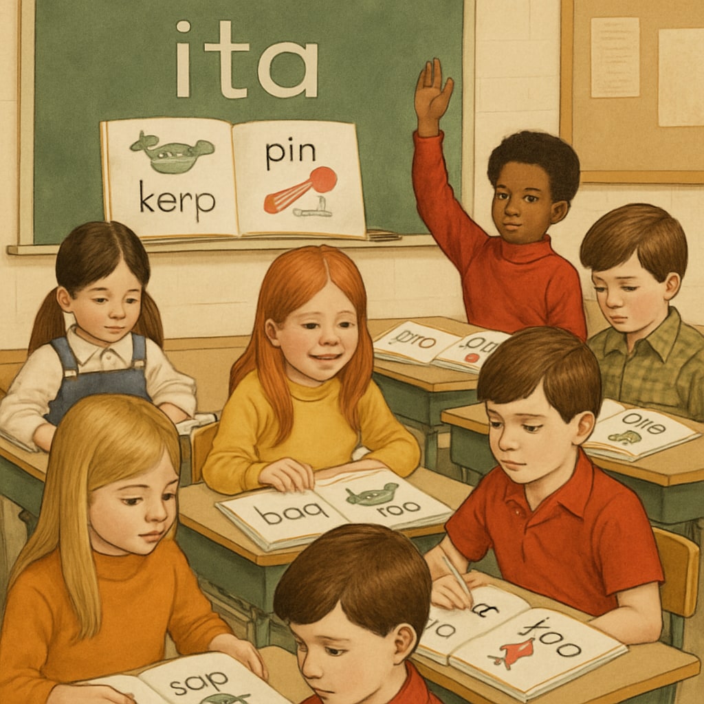 A black-and-white photo of a classroom in the 70s with children using ITA materials. 70s classroom with ITA materials, demonstrating the teaching method.