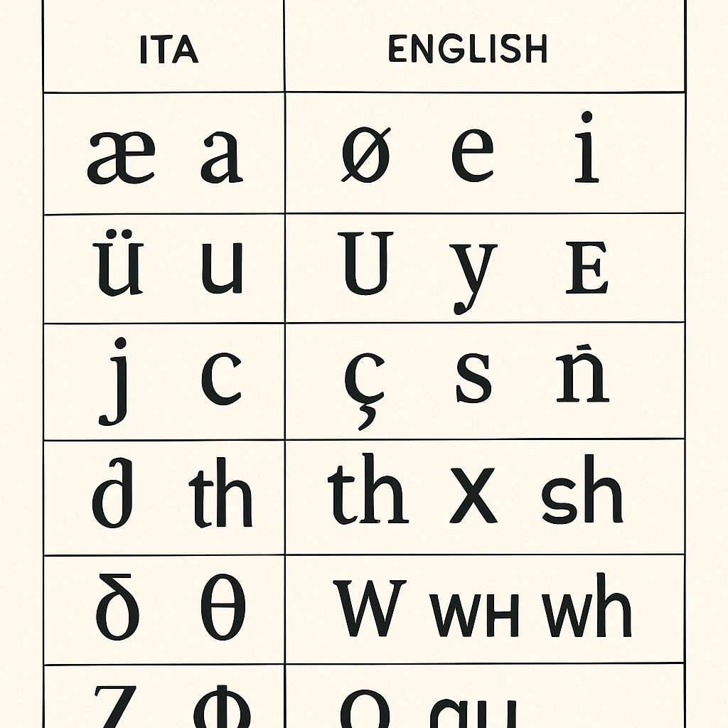 A side-by-side comparison of ITA characters and their standard English equivalents. ITA alphabet vs. standard English spelling, illustrating the differences.
