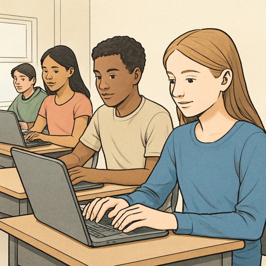 A group of high school students using laptops while participating in an online learning program. Students participating in an online learning program as part of external learning resources.
