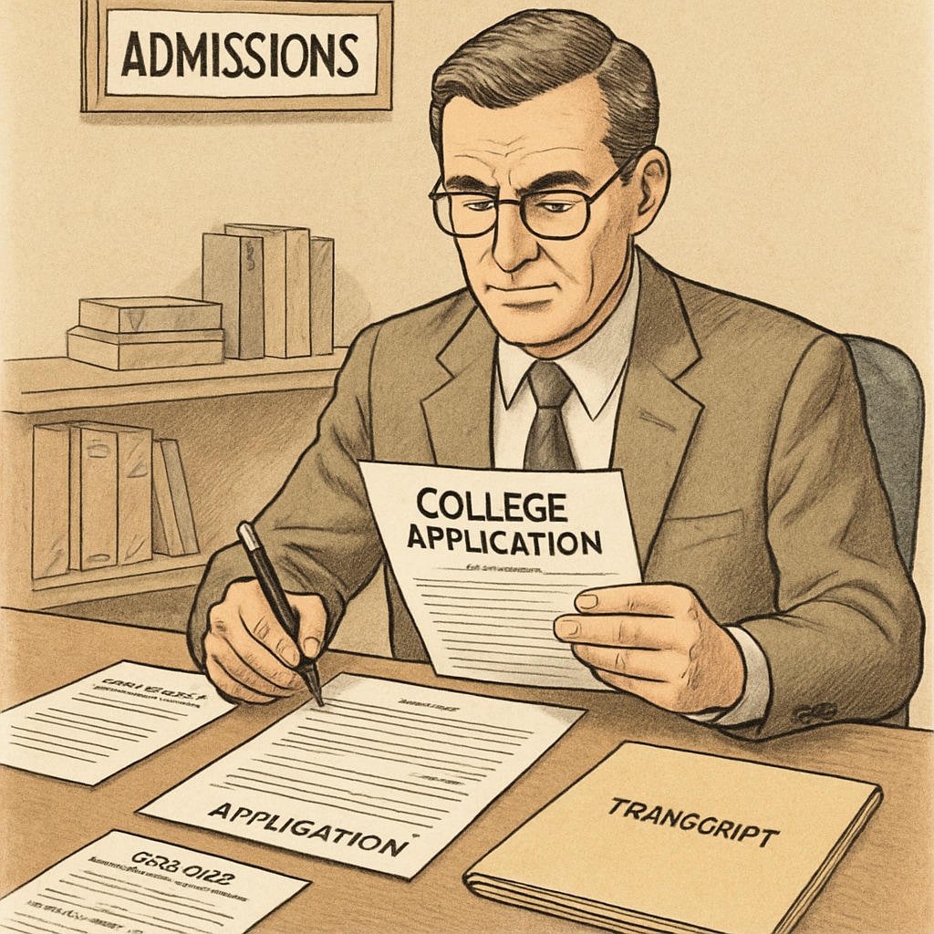An admissions officer reviewing a college application with documents spread out on a desk. Admissions officer evaluating an international student's application for data science.