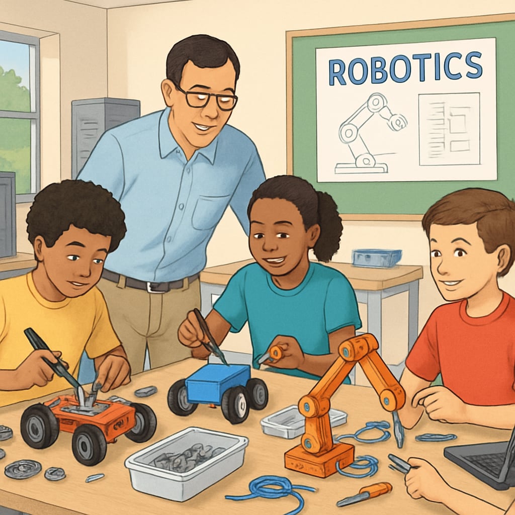 A group of students engaging in a robotics workshop at a community center. High school students working on robotics as part of community learning programs.