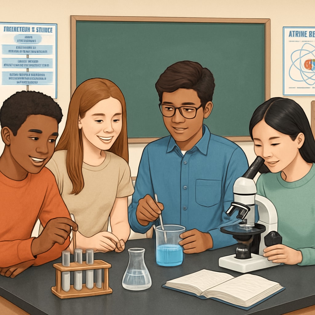 A classroom with diverse high school students working on a science experiment together, representing inclusive and collaborative learning. High school students conducting a science experiment, supporting multilingual learning.