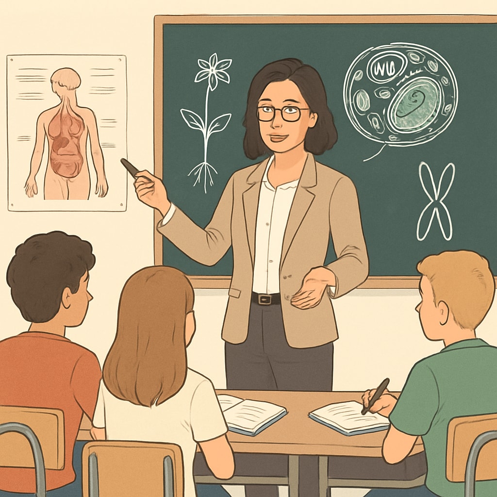 Science teacher in classroom with biology-themed lesson, illustrating biology to education transition.