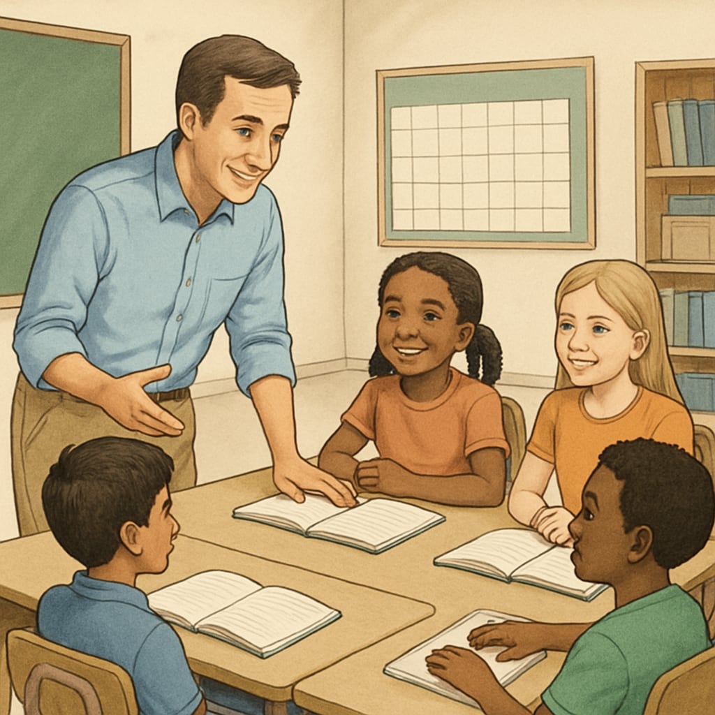 A teacher helping students during a year-round school schedule to encourage constant engagement.