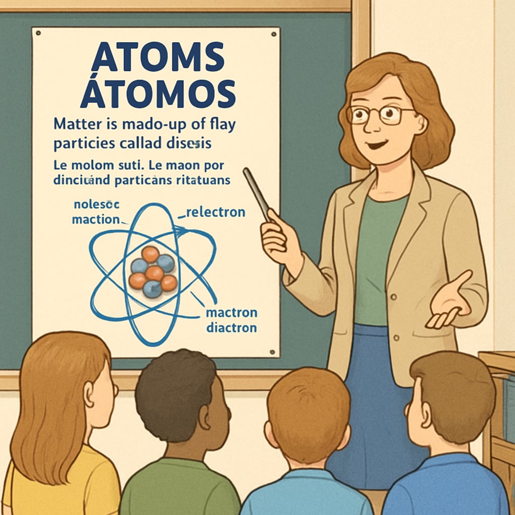 A teacher explaining a scientific concept using a bilingual poster, with students attentively listening. Teacher using bilingual resources in a science classroom to support English learners.