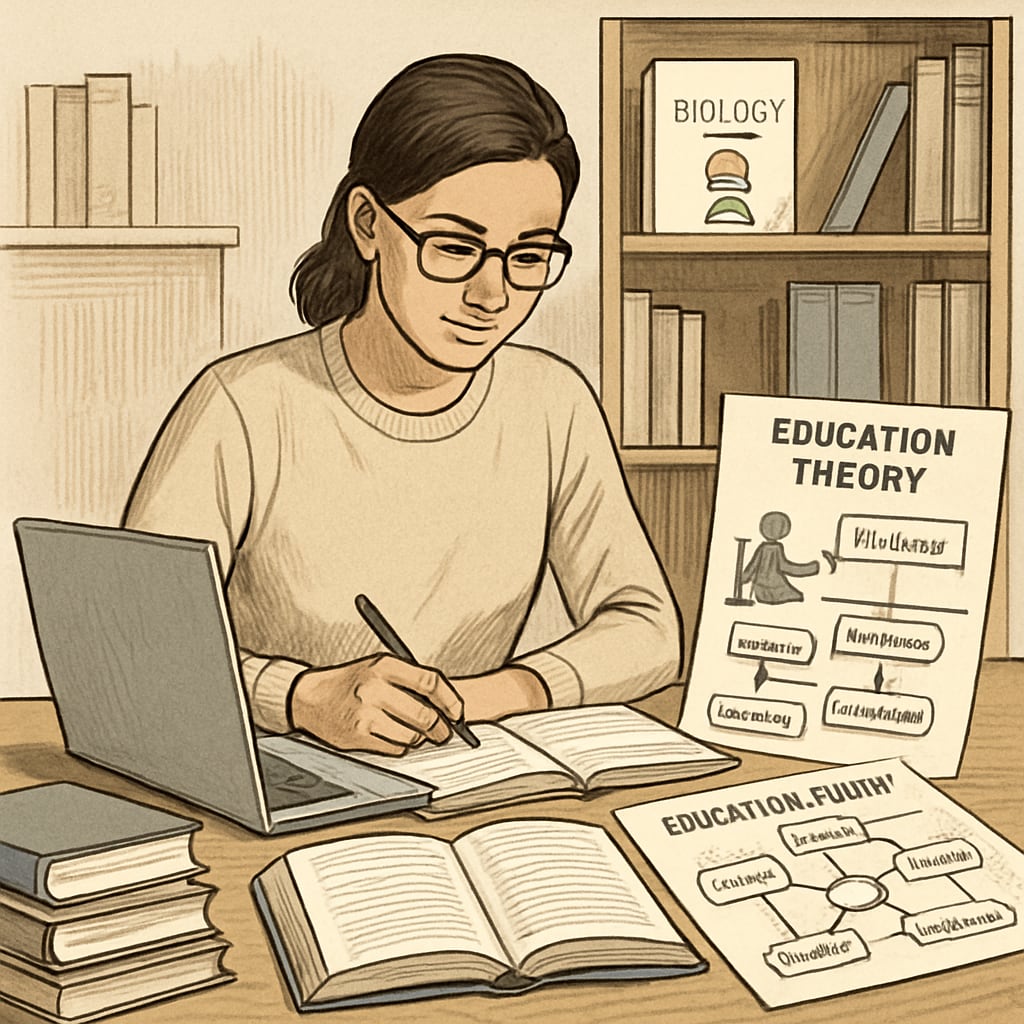 Biology graduate studying pedagogy, symbolizing preparation for education master's program.