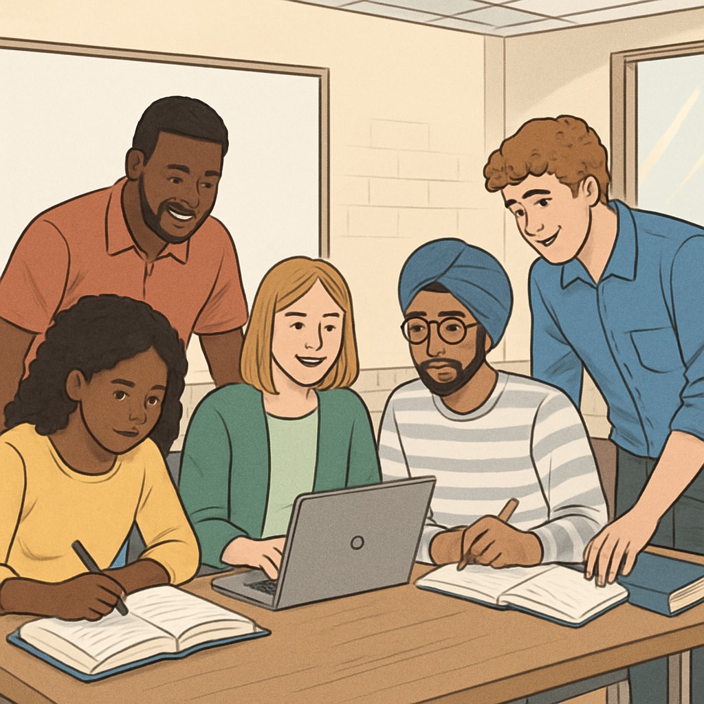 A diverse group of young adults studying together in a modern classroom, symbolizing inclusivity and education reentry. Group of students in a classroom discussing UK education pathways and reentry options.