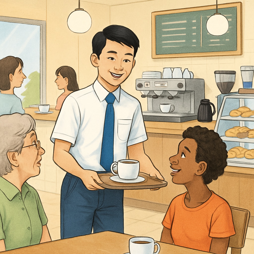 A high school student working at a summer café, smiling while serving customers. This image captures the essence of summer employment and interpersonal skill-building. High school student working at a summer café, serving customers