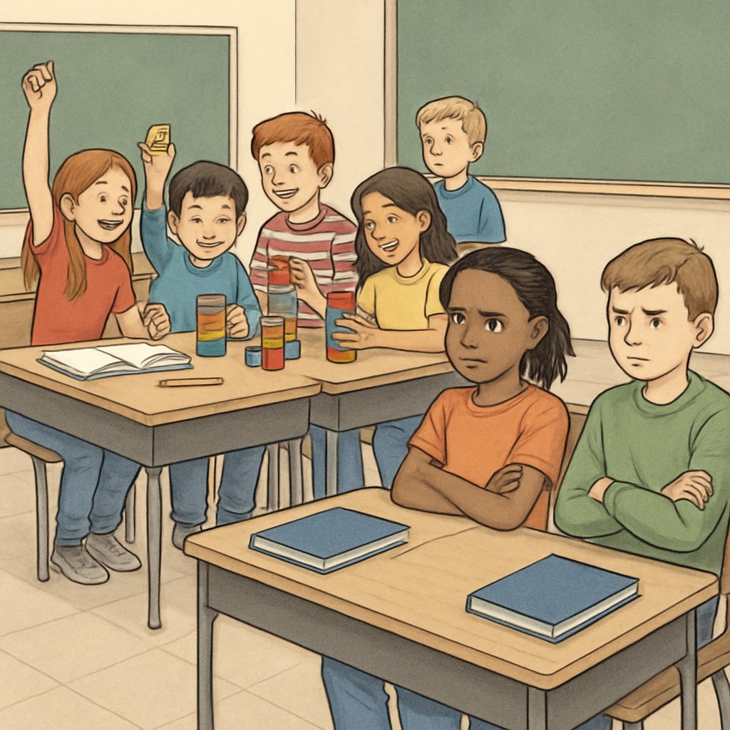 A classroom setting showing students engaging in an exclusive activity, with others visibly excluded due to donation-based privileges. Classroom scene illustrating economic disparity in access to activities.