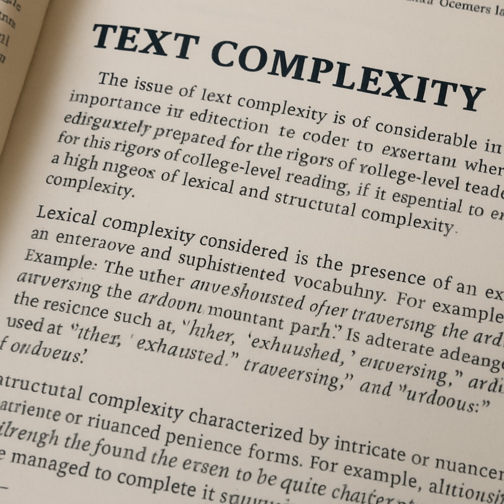 Textbook page demonstrating text complexity factors like vocabulary