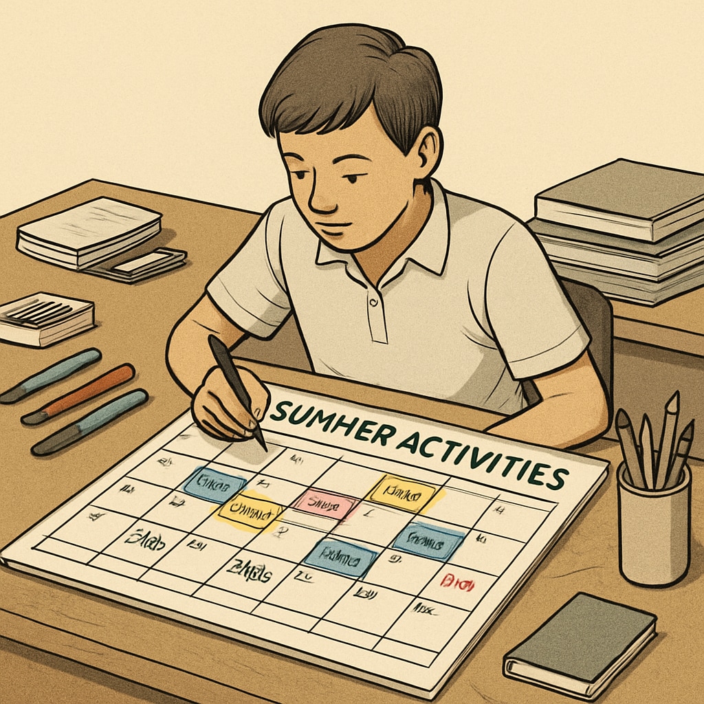 A student sitting at a desk, organizing a calendar to plan summer activities. This image represents effective time management during a busy summer schedule. Student planning summer activities on a calendar