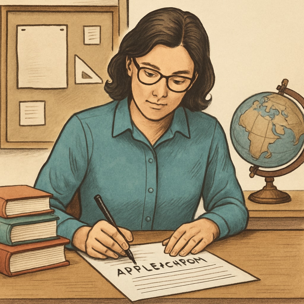 A teacher filling out an application form, symbolizing the evaluation process for out-of-state educators under Oklahoma's policy. Teacher filling out an application form for Oklahoma's political ideology tests.