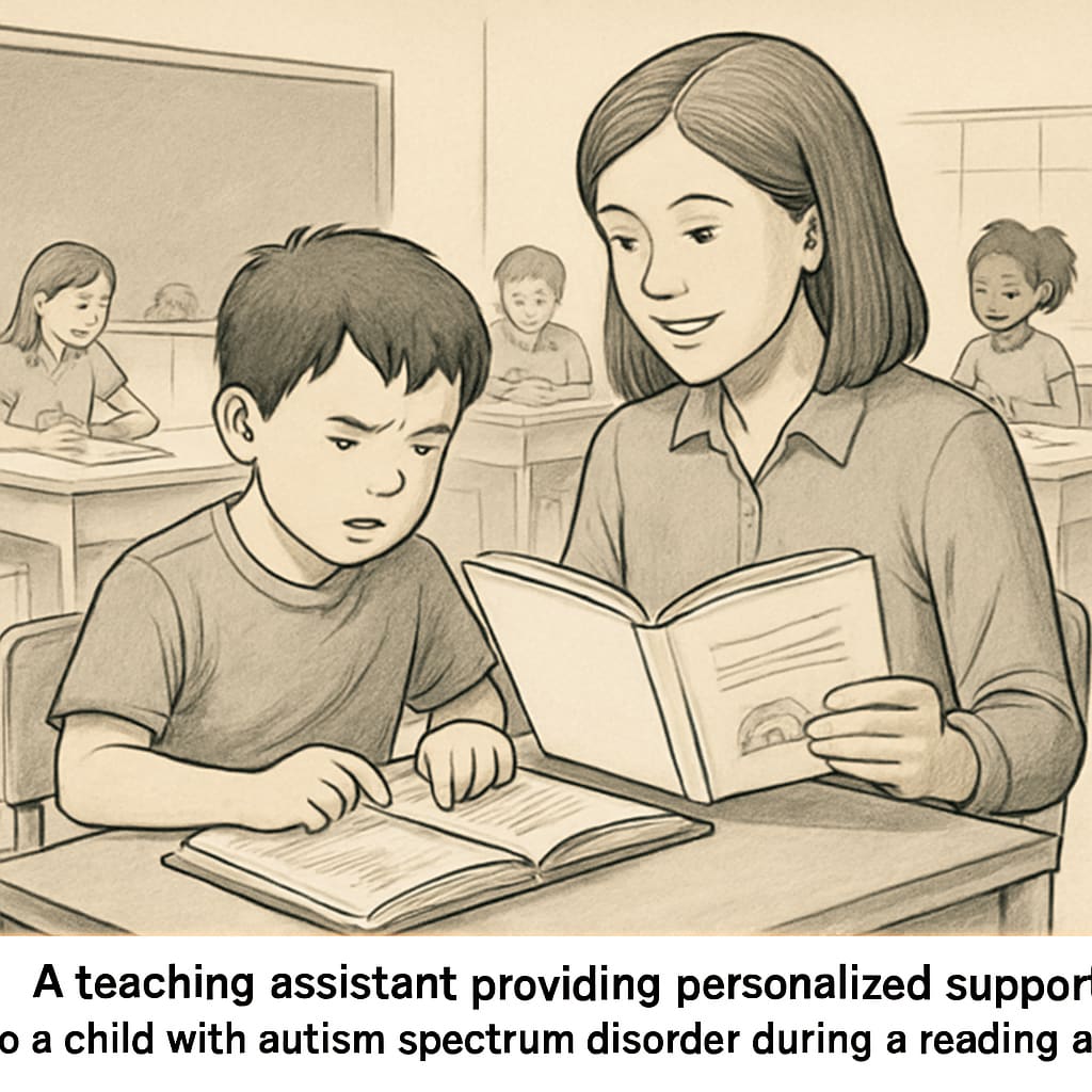 A classroom setting with a teaching assistant helping a child with autism spectrum disorder during a reading activity. The assistant is guiding the child while holding a book, showcasing personalized support. Teaching assistant helping a child with autism spectrum disorder during a reading activity