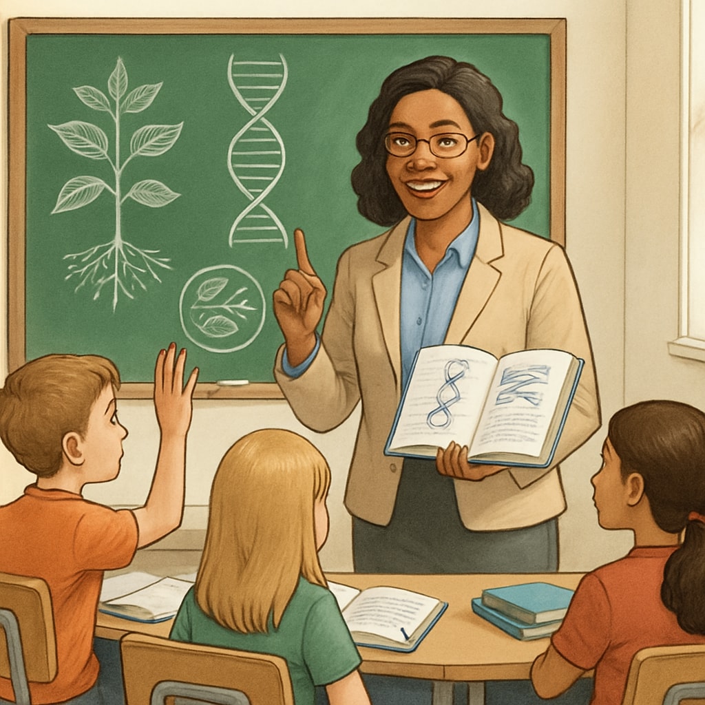 Biology graduate teaching STEM concepts in a classroom, bridging biology and education.