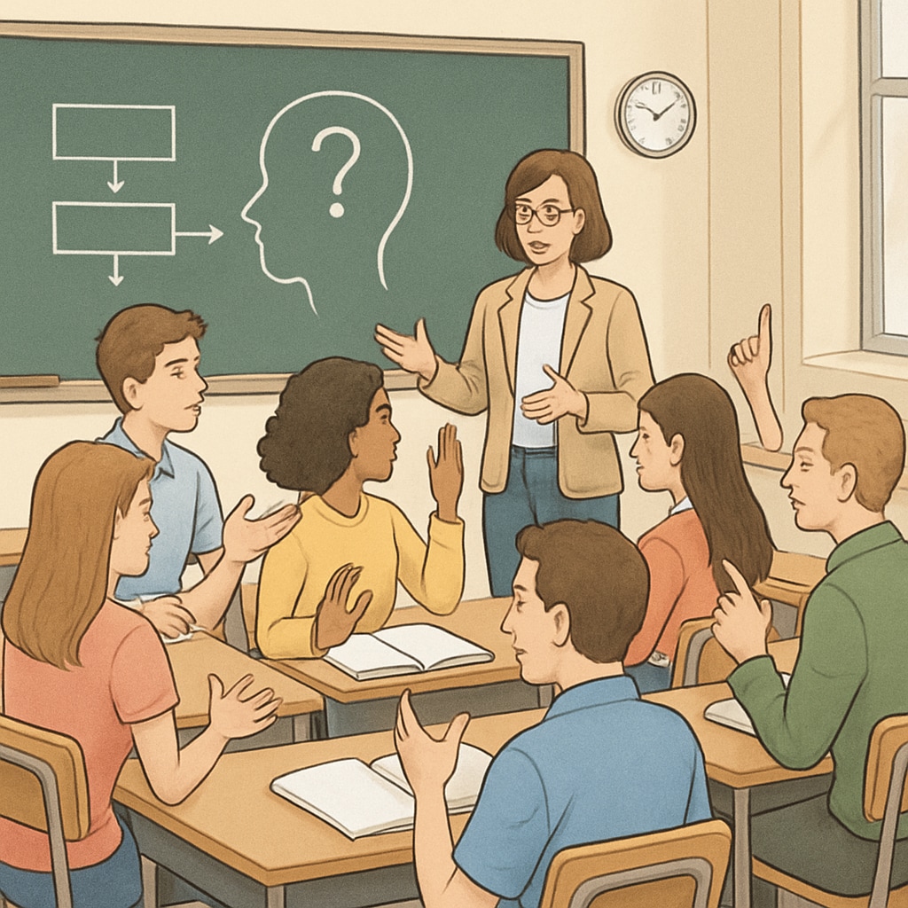 A classroom setting where students are engaging in philosophical discussions or psychological analysis, showcasing active learning. Students discussing psychology and philosophy concepts in a classroom environment.