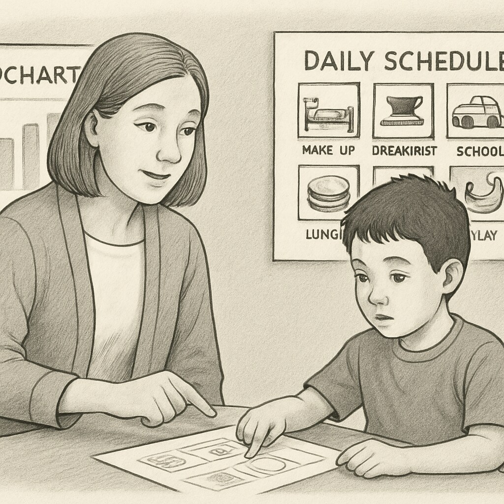 An educator using visual aids like charts and schedules to help a child with autism spectrum disorder understand a daily routine. The child is pointing at the schedule while the educator explains. Educator using visual aids to help a child with autism spectrum understand a daily schedule