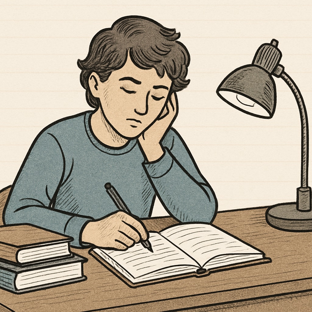 A student writing in a reflective journal, symbolizing self-awareness and philosophical inquiry. Student journaling about psychology and philosophy topics as part of hobby learning.