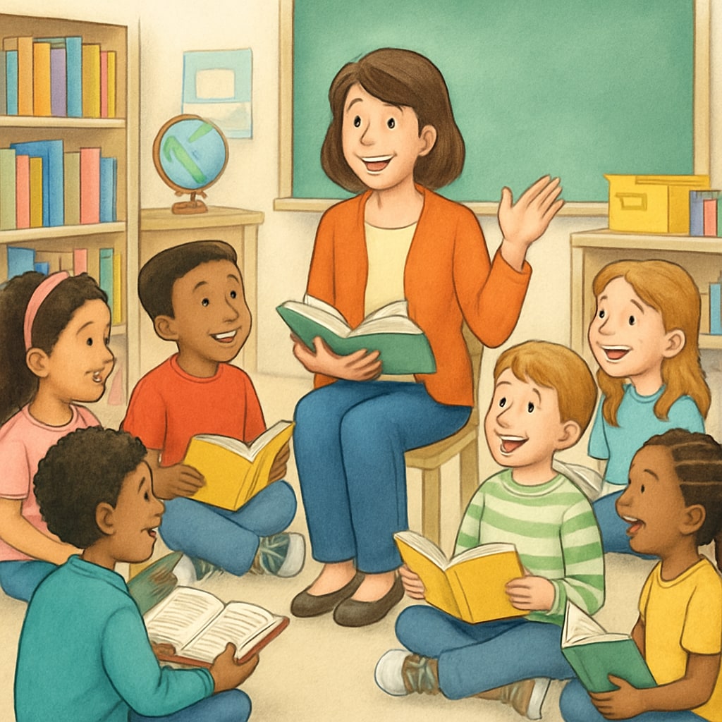 A teacher engaging a group of elementary students in a book discussion to explore reading comprehension. A teacher leading a reading comprehension discussion with elementary students.