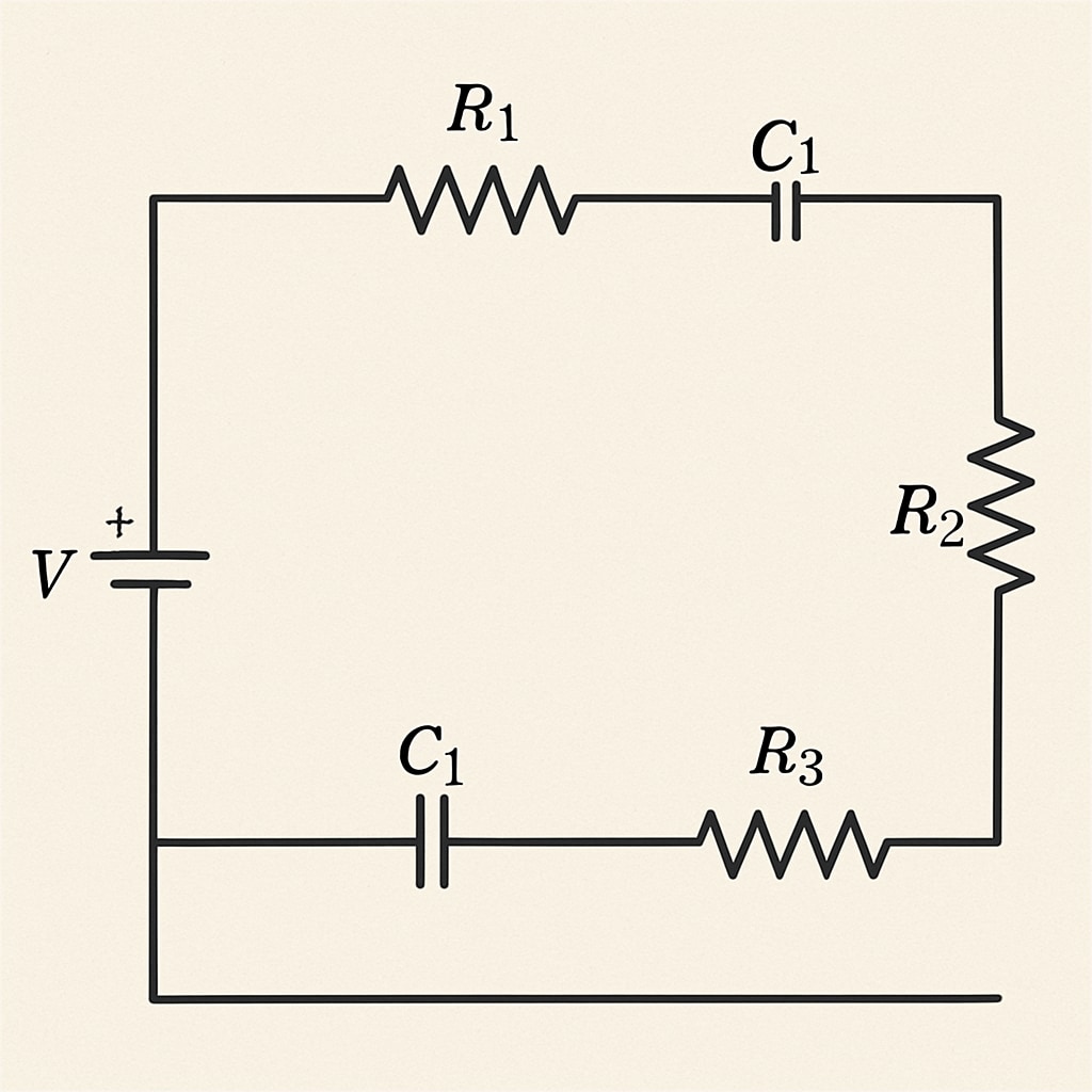 A detailed circuit diagram created with a digital tool, showing labeled components such as resistors, capacitors, and power sources. Digital experiment diagram for K12 science class showing circuit components.