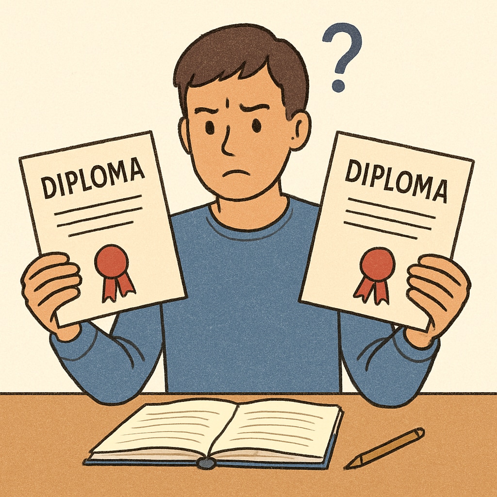 A student sitting at a desk, looking at two diploma options with a confused expression. A confused student evaluating diploma options, including revised diplomas.