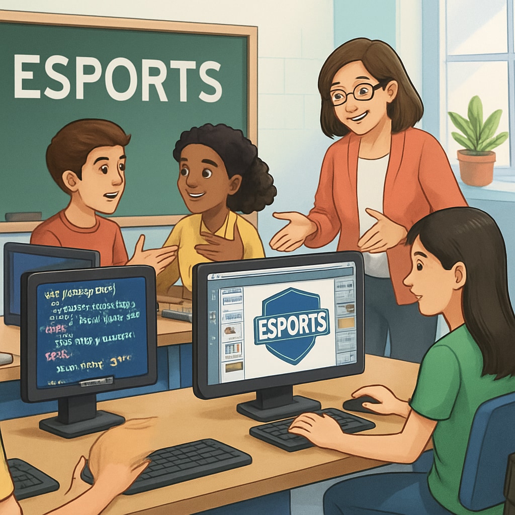 An illustrative image of a classroom where students are learning coding and graphic design related to esports, highlighting the gamified learning approach. Classroom setting showcasing students learning coding and design with esports integration.
