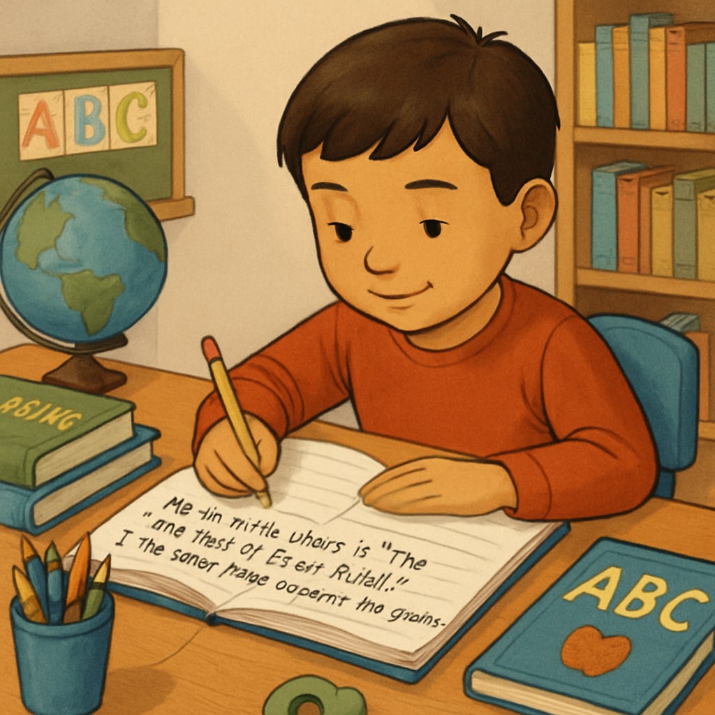 A child writing in a reading journal, reflecting on their favorite story. A child using a reading journal to enhance comprehension and personal reflection.
