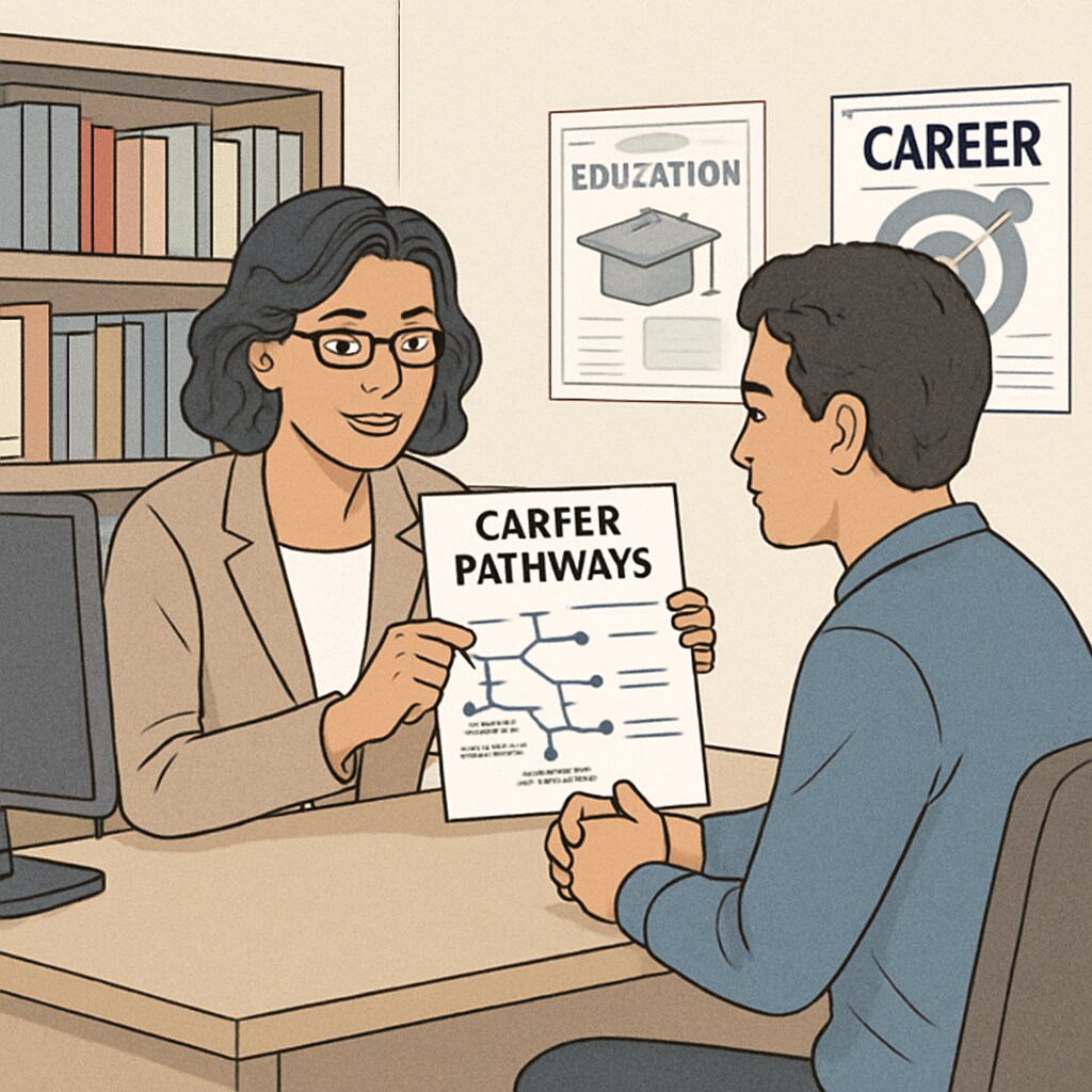 A career advisor speaking with a student, reviewing potential pathways for growth. Career guidance for students with revised diplomas, exploring future options.