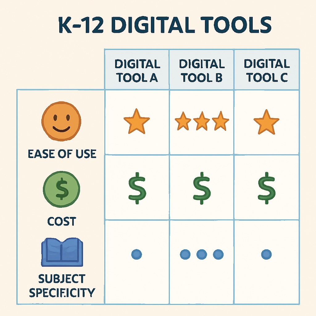 A comparison table of digital tools for K12 education, showing features like ease of use, cost, and subject specificity. Table comparing digital tools for creating experiment diagrams.