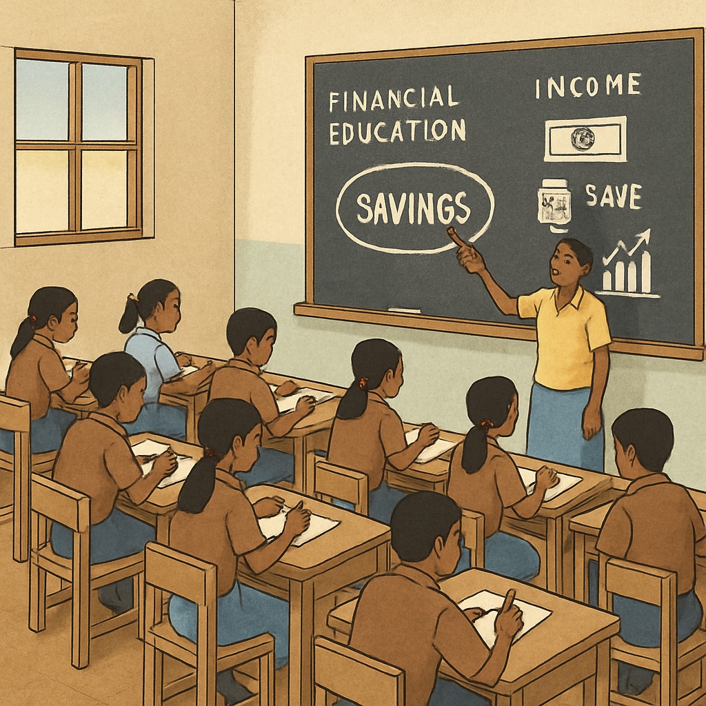 A classroom in a developing country with students actively engaged in financial education, showcasing limited resources yet strong determination. Finance students in a developing country learning financial concepts.