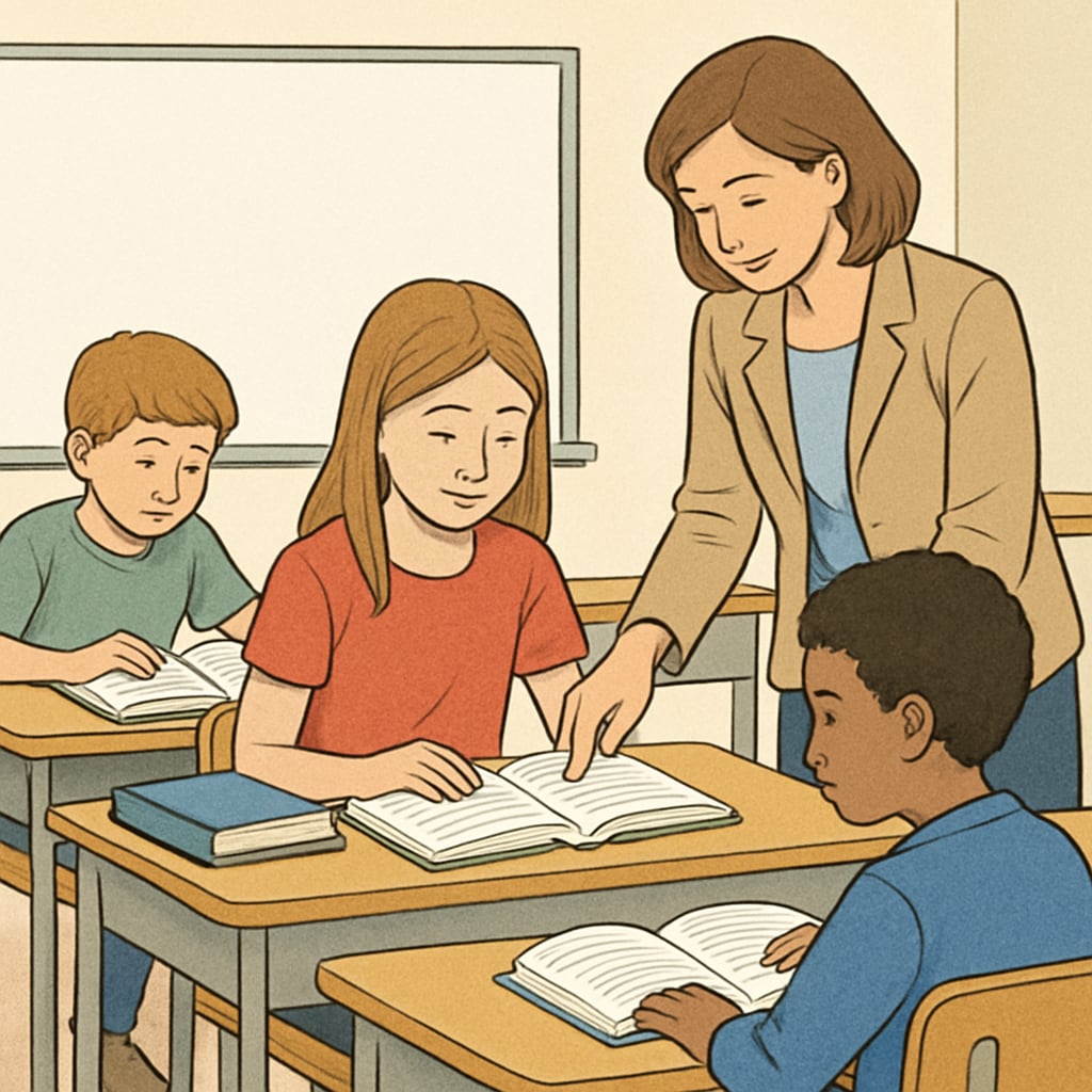 A classroom setting with a teacher guiding students through a reading activity. A teacher guiding students in a classroom reading exercise, exploring text complexity.