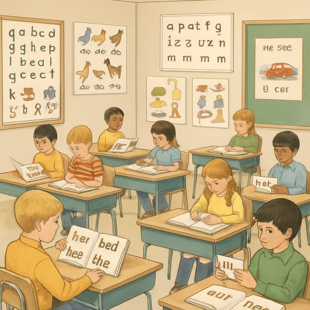 A classroom in the 1970s with children using ITA materials, showcasing the learning environment. 1970s classroom with ITA teaching materials and students learning phonetics.