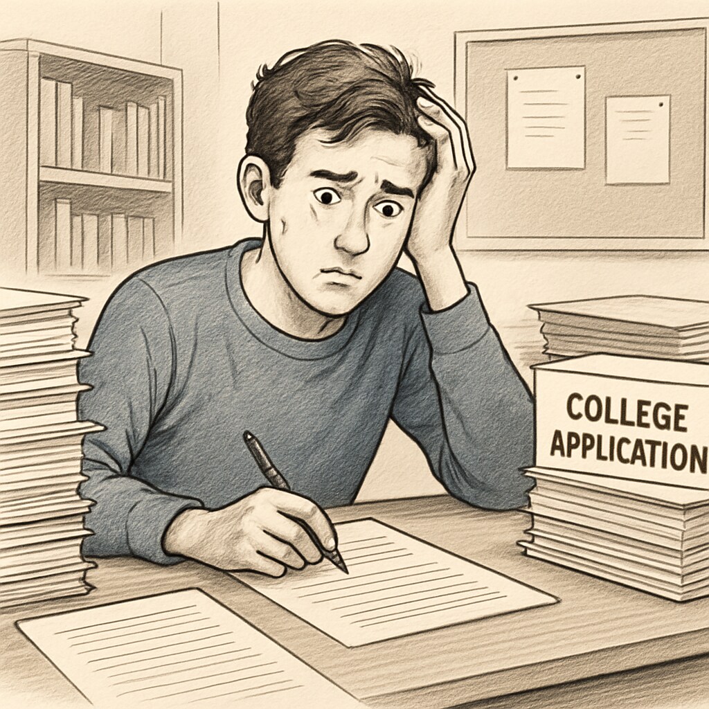 A student sitting at a desk surrounded by stacks of paperwork and college applications, looking stressed. Student overwhelmed by the complexity of university admissions paperwork.