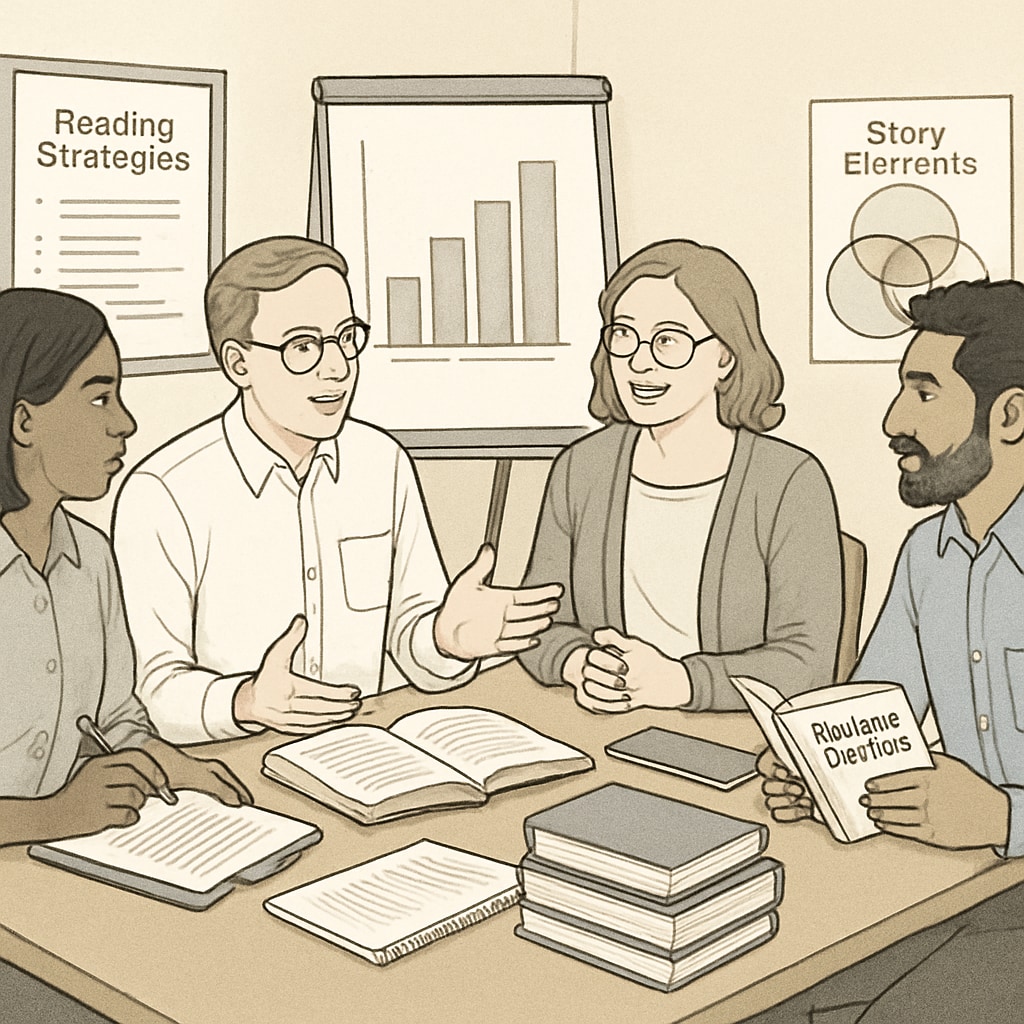 A group of educators discussing reading strategies with researchers in a workshop setting. Educators collaborating with researchers to improve text complexity standards in education.
