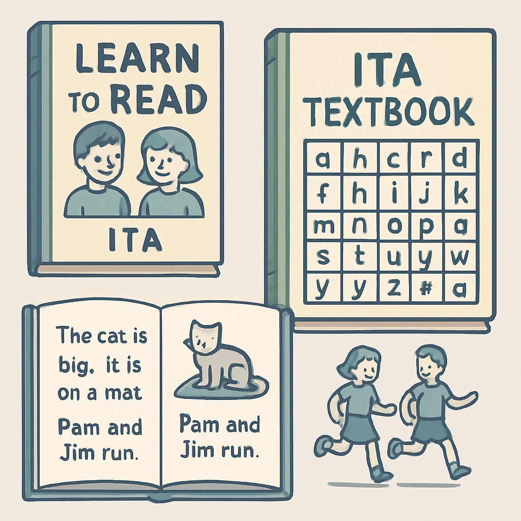Vintage ITA teaching materials, including books and alphabet charts, illustrating its design. Vintage ITA alphabet charts and books used to teach phonetic literacy in the 70s.
