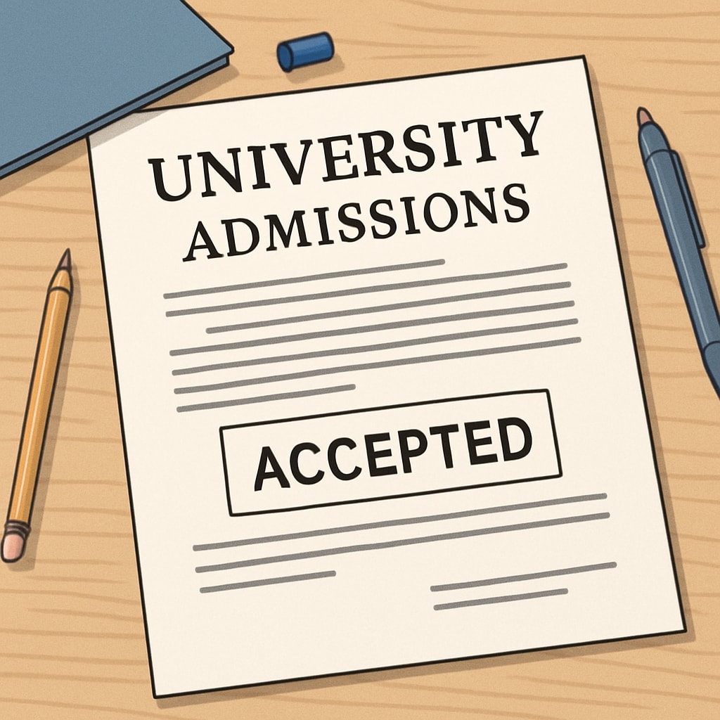 A close-up of a university admissions letter with the words University admissions acceptance or rejection letter.