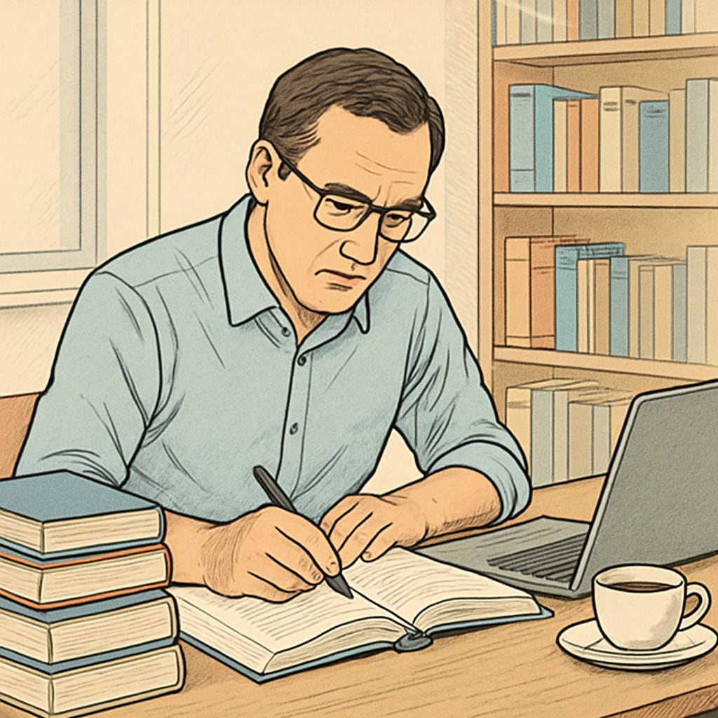 A mid-career professional studying at a desk, surrounded by books and a laptop, symbolizing the challenges of balancing work and education. Mid-career professional studying at a desk with books and laptop.