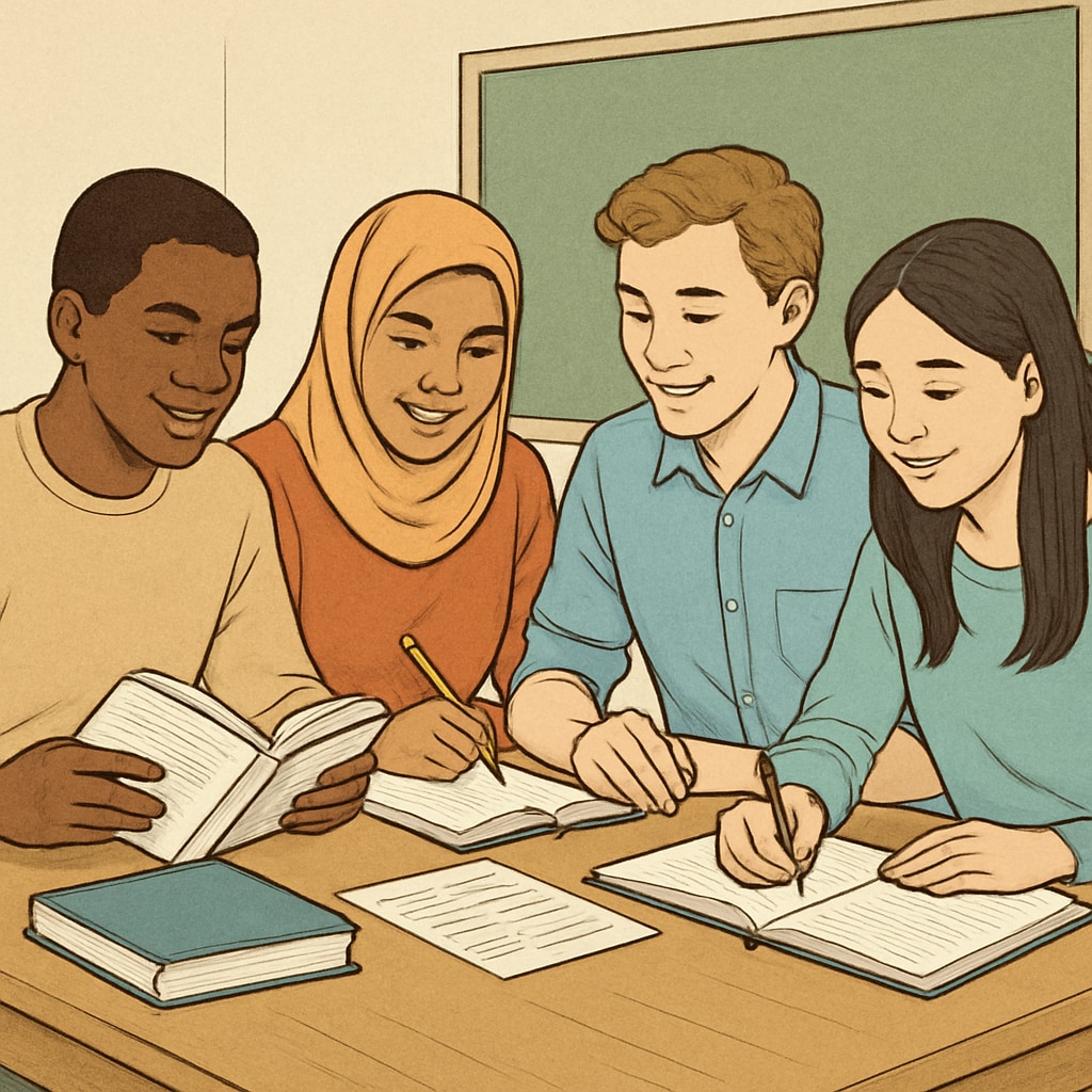 A group of diverse students studying together, symbolizing inclusivity and equality in education. Students collaborating to challenge university prestige bias and promote equality.