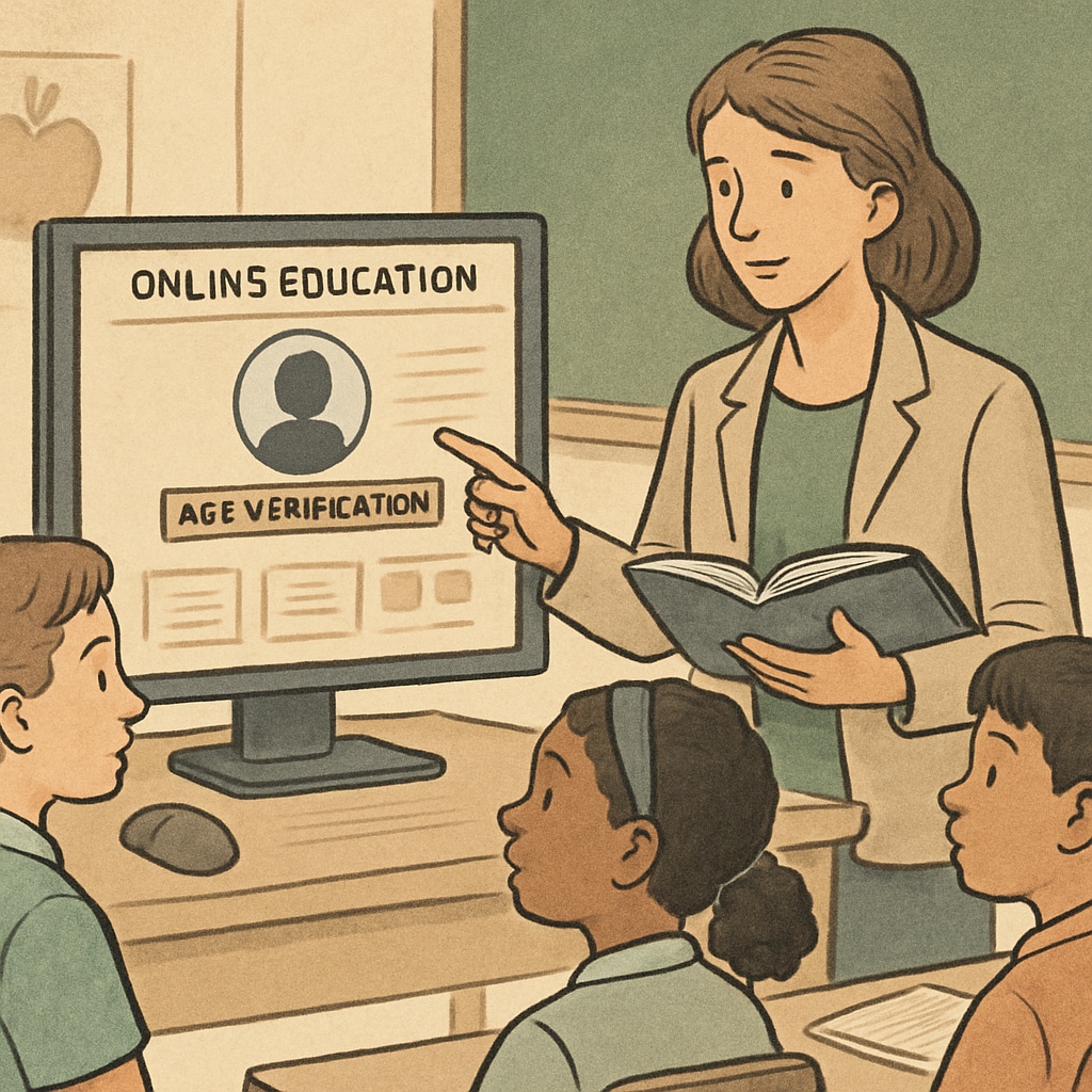 A teacher helping students navigate an online educational platform, highlighting the barriers created by age verification laws. Teacher assisting students with online content navigation under age verification laws.