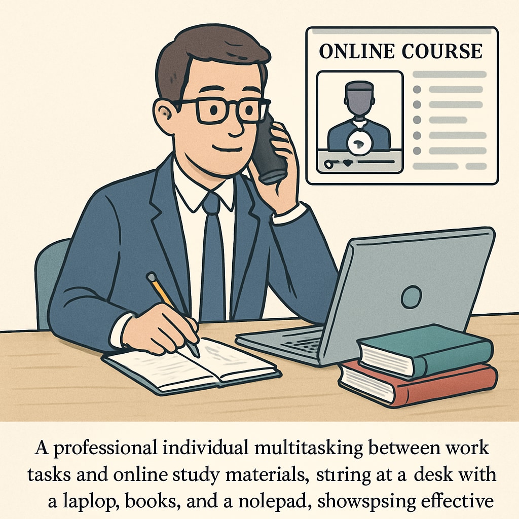 A professional multitasking between work tasks and online study materials, illustrating time management strategies for balancing career and education. Professional multitasking between work and online study materials.